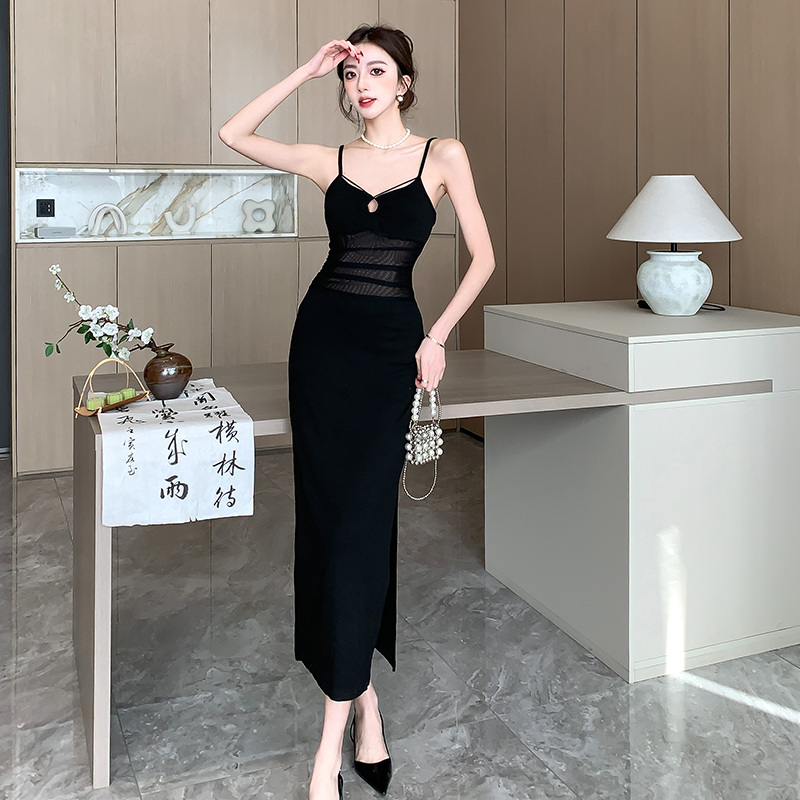 Sexy Mesh Waist-Cinched Cami Dress Women Slim Fit Bodycon Slit Long Gown 2025 Summer - Image 2