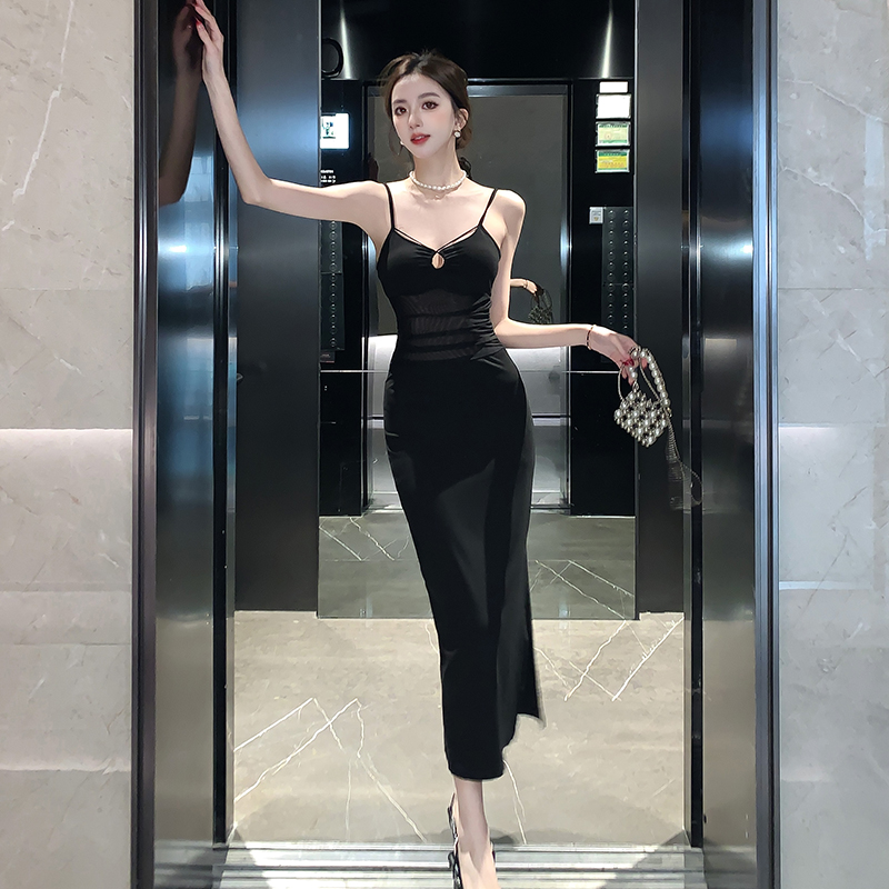 Sexy Mesh Waist-Cinched Cami Dress Women Slim Fit Bodycon Slit Long Gown 2025 Summer