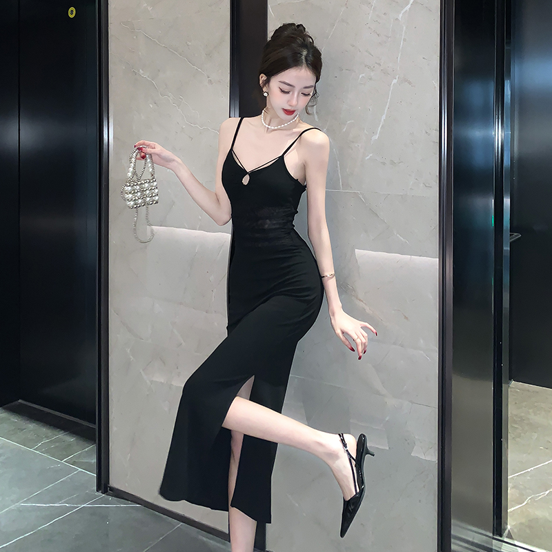 Sexy Mesh Waist-Cinched Cami Dress Women Slim Fit Bodycon Slit Long Gown 2025 Summer - Image 5