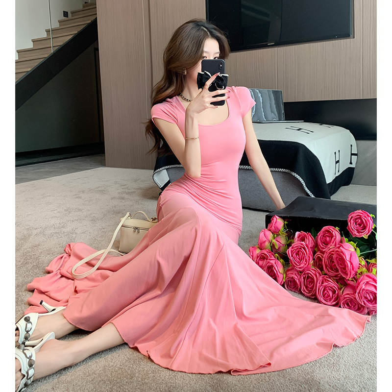 2025 New French Square Neck Short Sleeve Waist Cinching Slimming Hepburn Style Mermaid Long Dress - Image 4