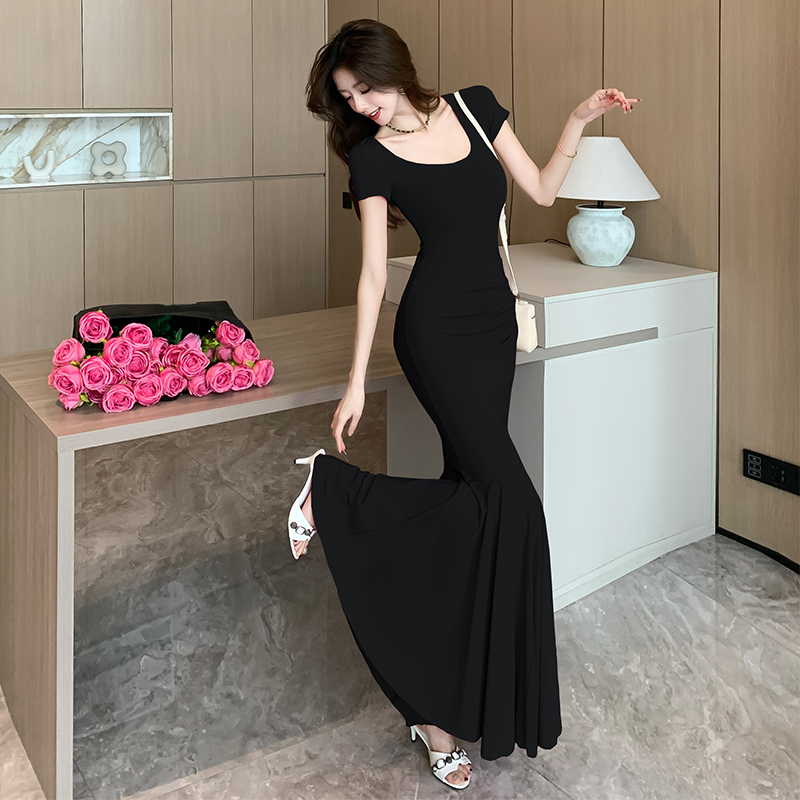 2025 New French Square Neck Short Sleeve Waist Cinching Slimming Hepburn Style Mermaid Long Dress - Image 2