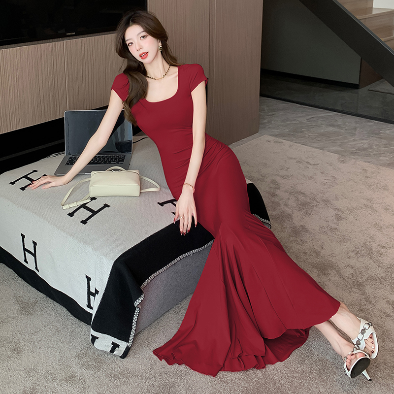 2025 New French Square Neck Short Sleeve Waist Cinching Slimming Hepburn Style Mermaid Long Dress - Image 5