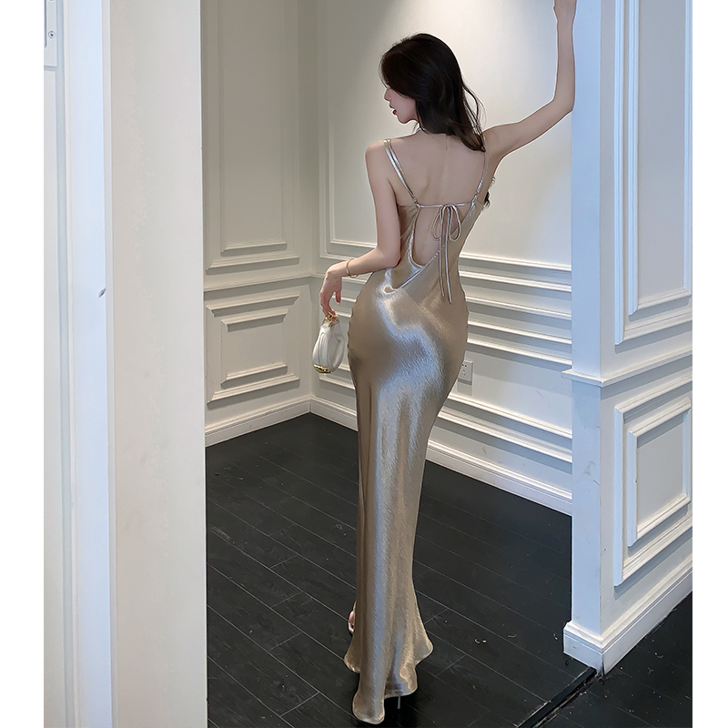 Champagne Satin Slip Dress with Draped Neckline and Fishtail Hem