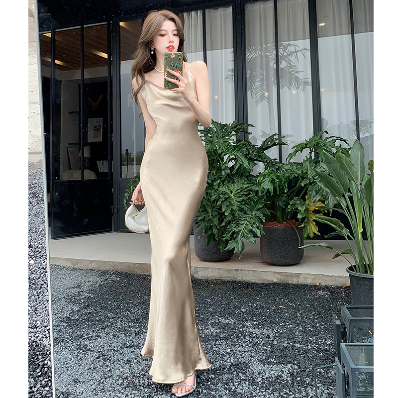 Champagne Satin Slip Dress with Draped Neckline and Fishtail Hem - Image 4