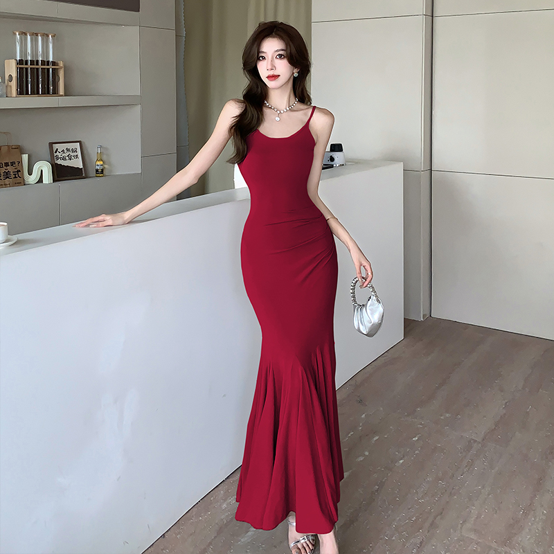 2025 New Lotus Step Spaghetti Strap Dress Women Slimming High Waist Mermaid Long Dress Trendy - Image 3