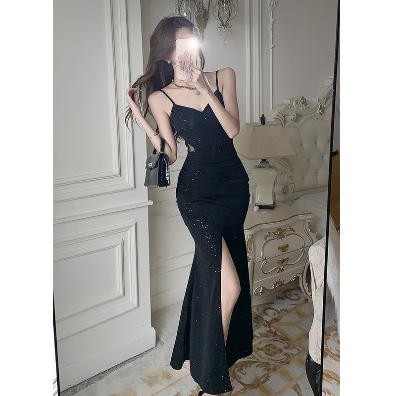 2025 New French Style V-Neck Cami Dress Slit Slimming Bodycon Long Gown - Image 5