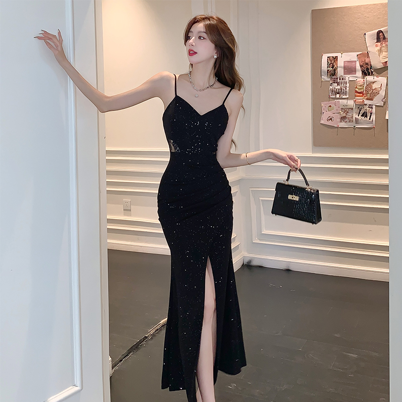 2025 New French Style V-Neck Cami Dress Slit Slimming Bodycon Long Gown