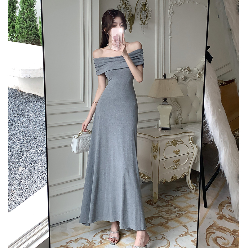 2025 New Black Off-Shoulder Dress Women High-End Design Waist-Slimming Long Dress - Image 4
