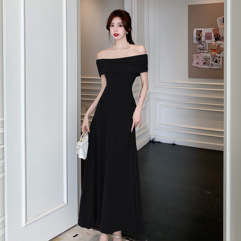 2025 New Black Off-Shoulder Dress Women High-End Design Waist-Slimming Long Dress - Image 5