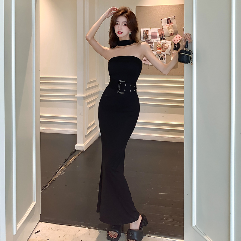 2025 New Elegant Cold Black Knit Bodycon Long Dress with Chest Wrap and Belt - Image 2