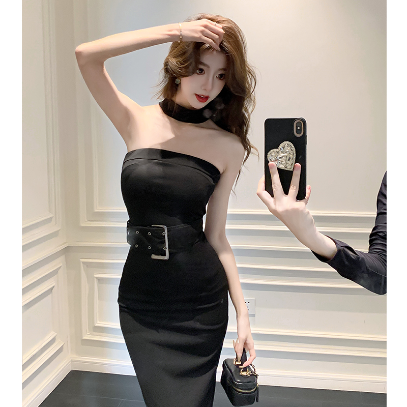 2025 New Elegant Cold Black Knit Bodycon Long Dress with Chest Wrap and Belt - Image 5