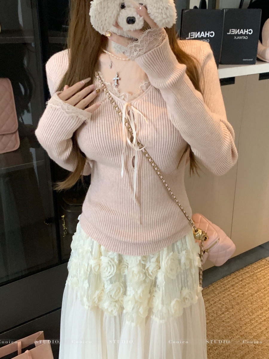 Women's V-Neck Knit Sweater Korean Style Slim Long Sleeve Top - Image 2