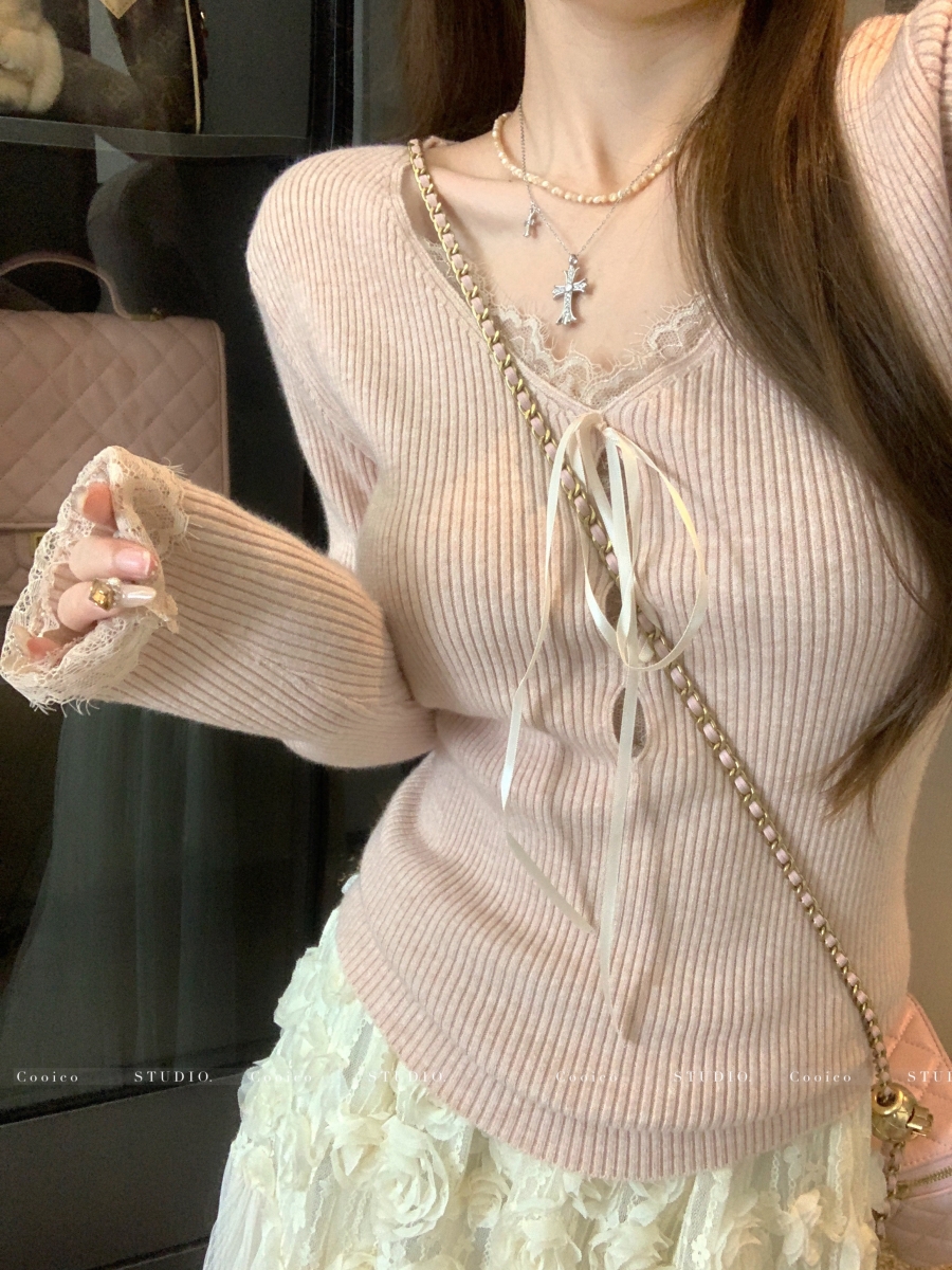 Women's V-Neck Knit Sweater Korean Style Slim Long Sleeve Top - Image 3