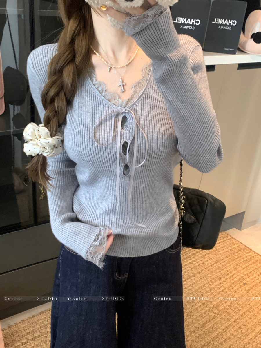 Women's V-Neck Knit Sweater Korean Style Slim Long Sleeve Top - Image 4