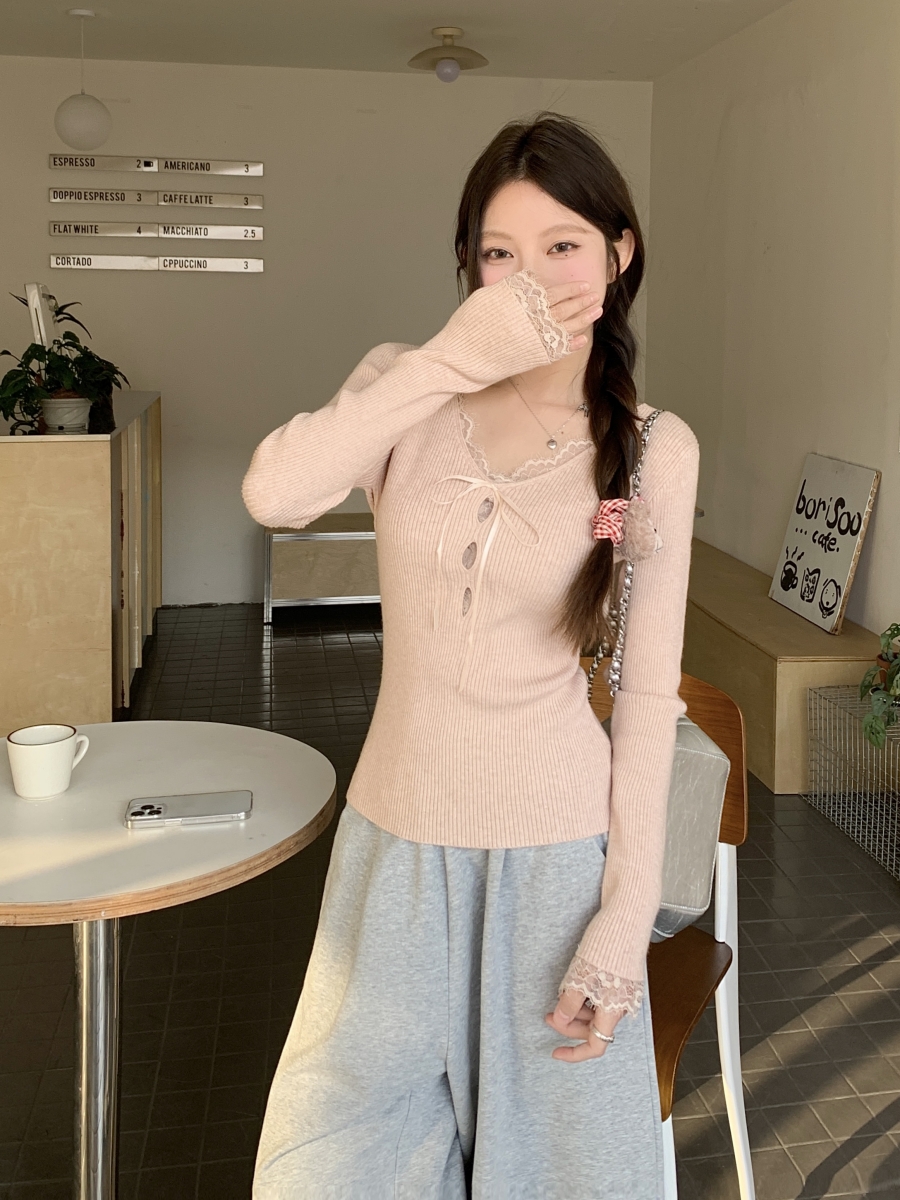 Sweet V-Neck Lace Spliced Cutout Slim Knit Top for Women 2025 Autumn - Image 4