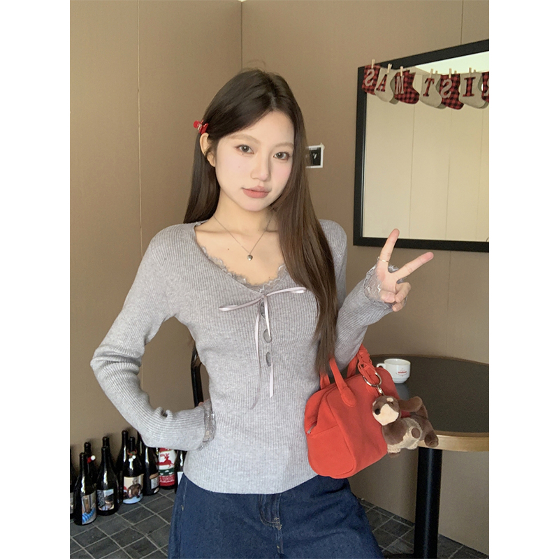 Sweet V-Neck Lace Spliced Cutout Slim Knit Top for Women 2025 Autumn - Image 5