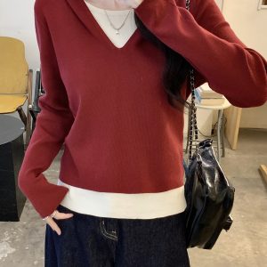 Women's Faux Two-Piece Hooded Long Sleeve Knit Sweater 2025 Color Block V-Neck Top