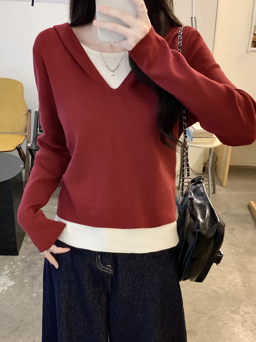 Women's Faux Two-Piece Hooded Long Sleeve Knit Sweater 2025 Color Block V-Neck Top