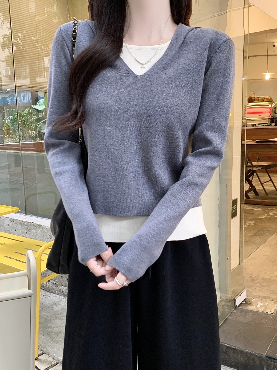 Women's Faux Two-Piece Hooded Long Sleeve Knit Sweater 2025 Color Block V-Neck Top - Image 3