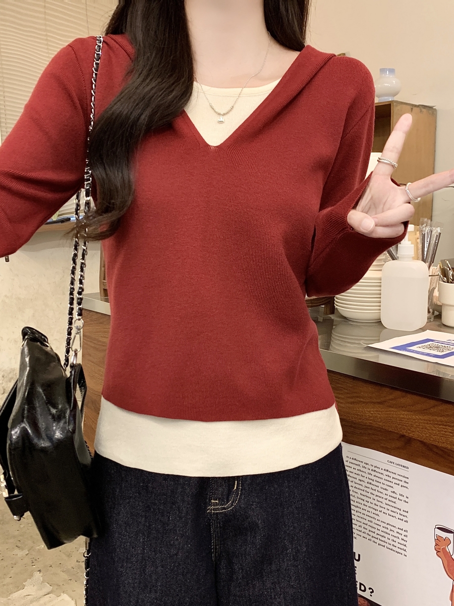 Women's Faux Two-Piece Hooded Long Sleeve Knit Sweater 2025 Color Block V-Neck Top - Image 2