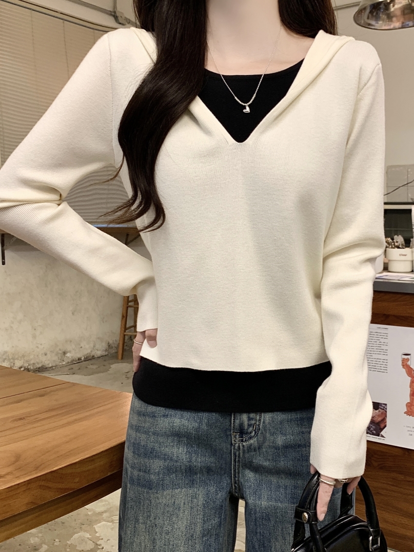 Women's Faux Two-Piece Hooded Long Sleeve Knit Sweater 2025 Color Block V-Neck Top - Image 4