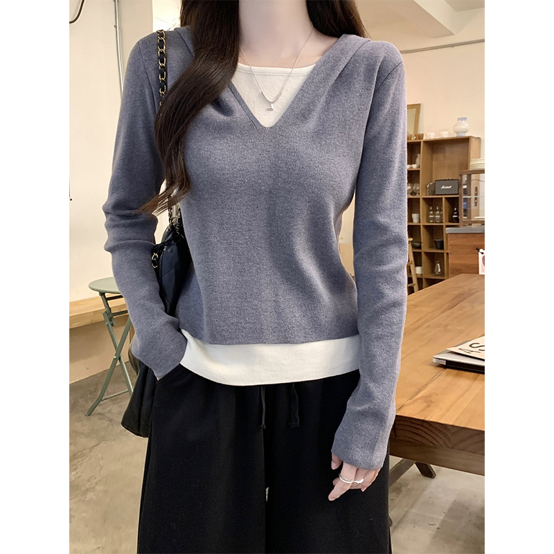 Women's Faux Two-Piece Hooded Long Sleeve Knit Sweater 2025 Color Block V-Neck Top - Image 5