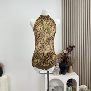 Retro Tiger Print Halter Neck Sleeveless Top with Backless Lace-Up Design