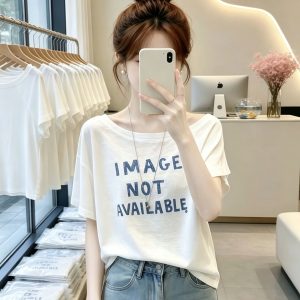 Minimal Fresh White Off-Shoulder Short Sleeve T-Shirt for Women 2026 Summer