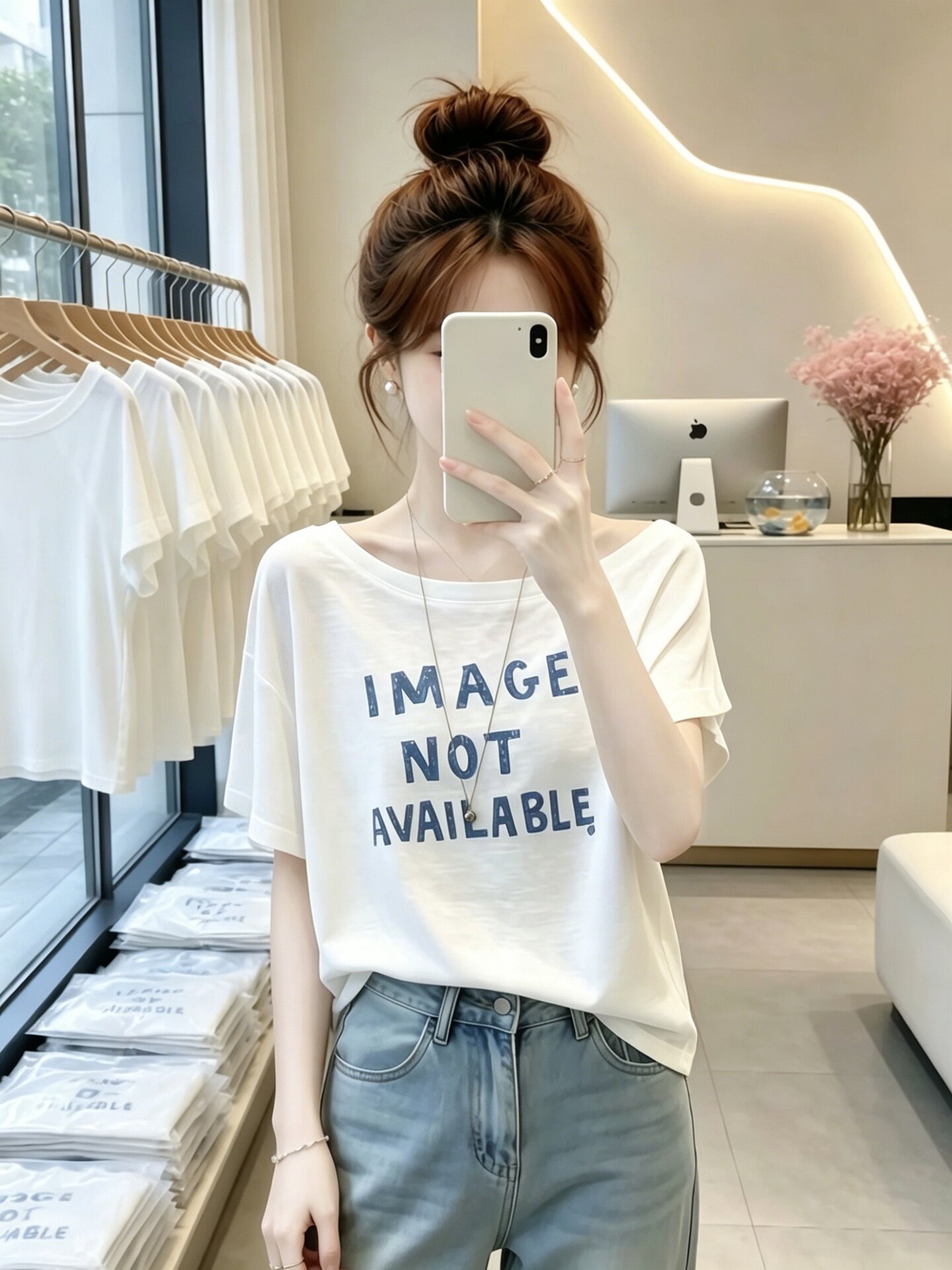 Minimal Fresh White Off-Shoulder Short Sleeve T-Shirt for Women 2026 Summer