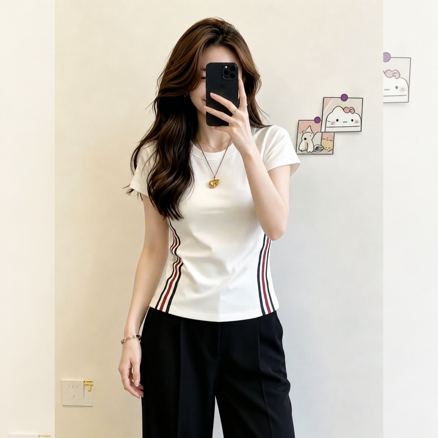 Gentle Style White Side Striped Short Sleeve T-Shirt for Women Summer 2026 Relaxed Fit Top - Image 3