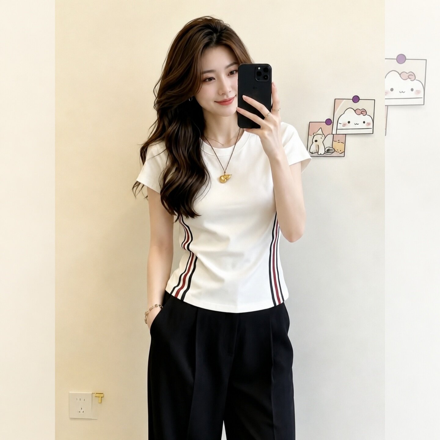 Gentle Style White Side Striped Short Sleeve T-Shirt for Women Summer 2026 Relaxed Fit Top - Image 2