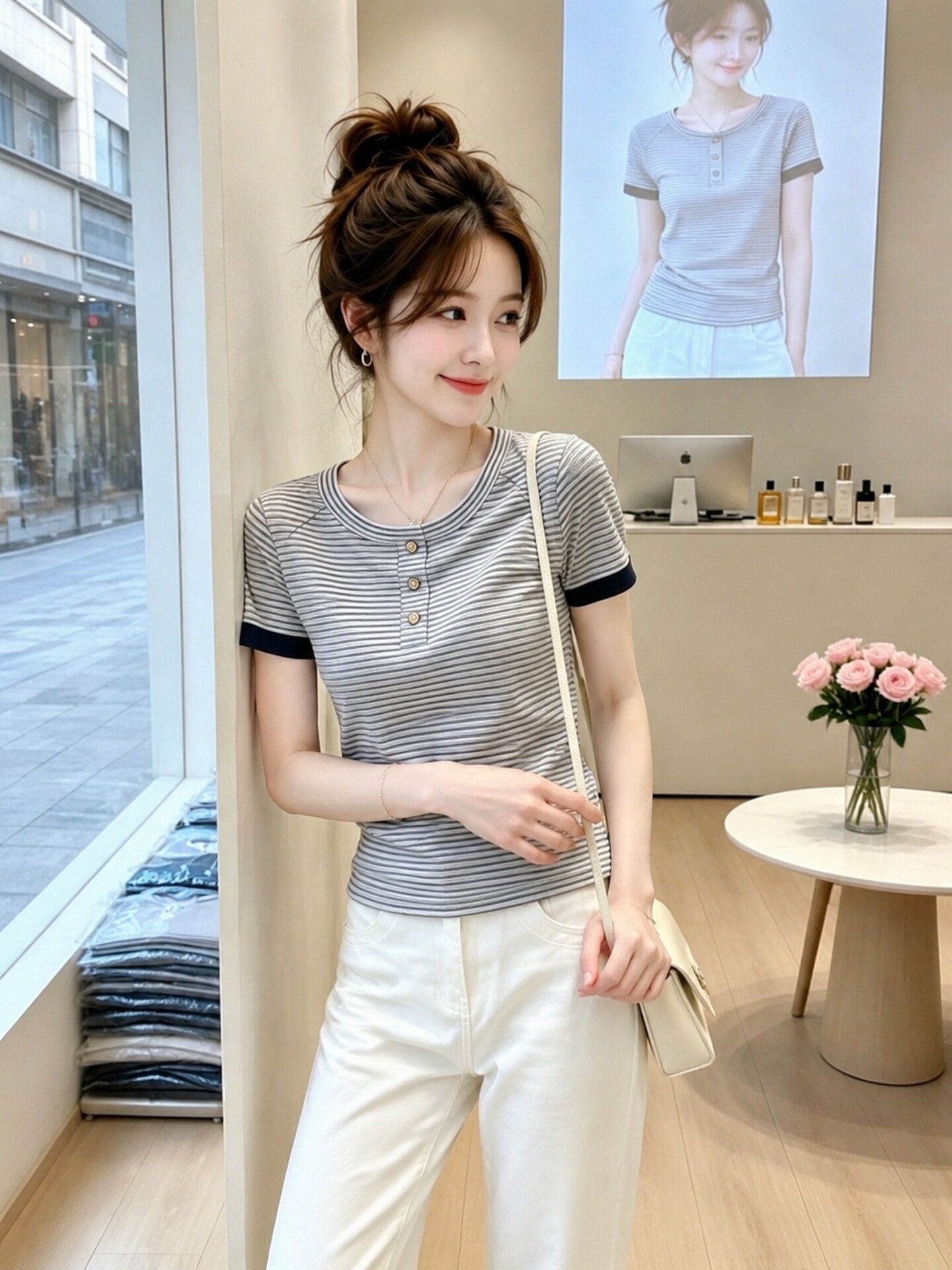 Navy Blue Striped Crew Neck Button Short Sleeve T-Shirt for Women 2026 Summer Korean Style Casual Commute Top - Image 3