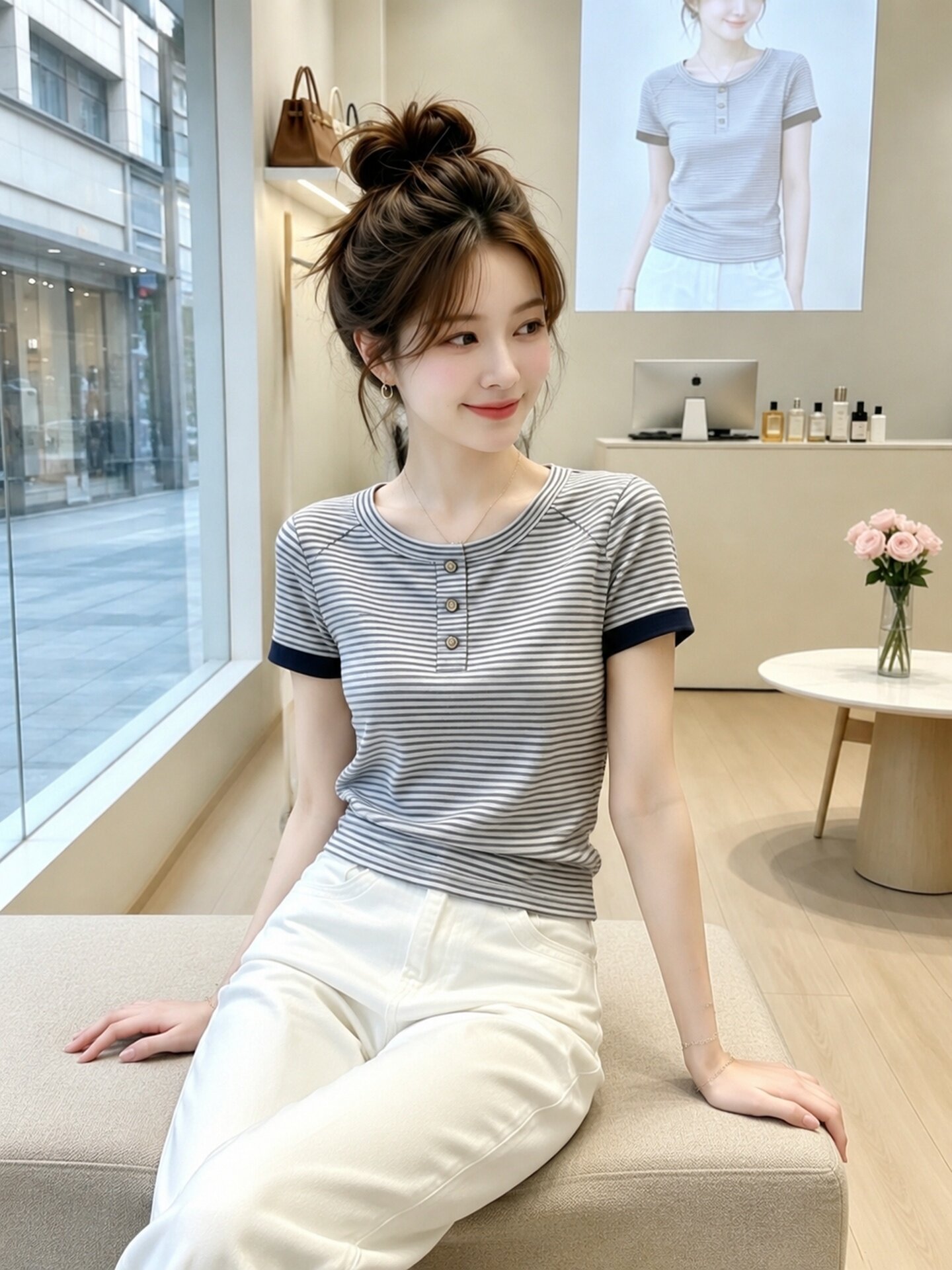 Navy Blue Striped Crew Neck Button Short Sleeve T-Shirt for Women 2026 Summer Korean Style Casual Commute Top - Image 2