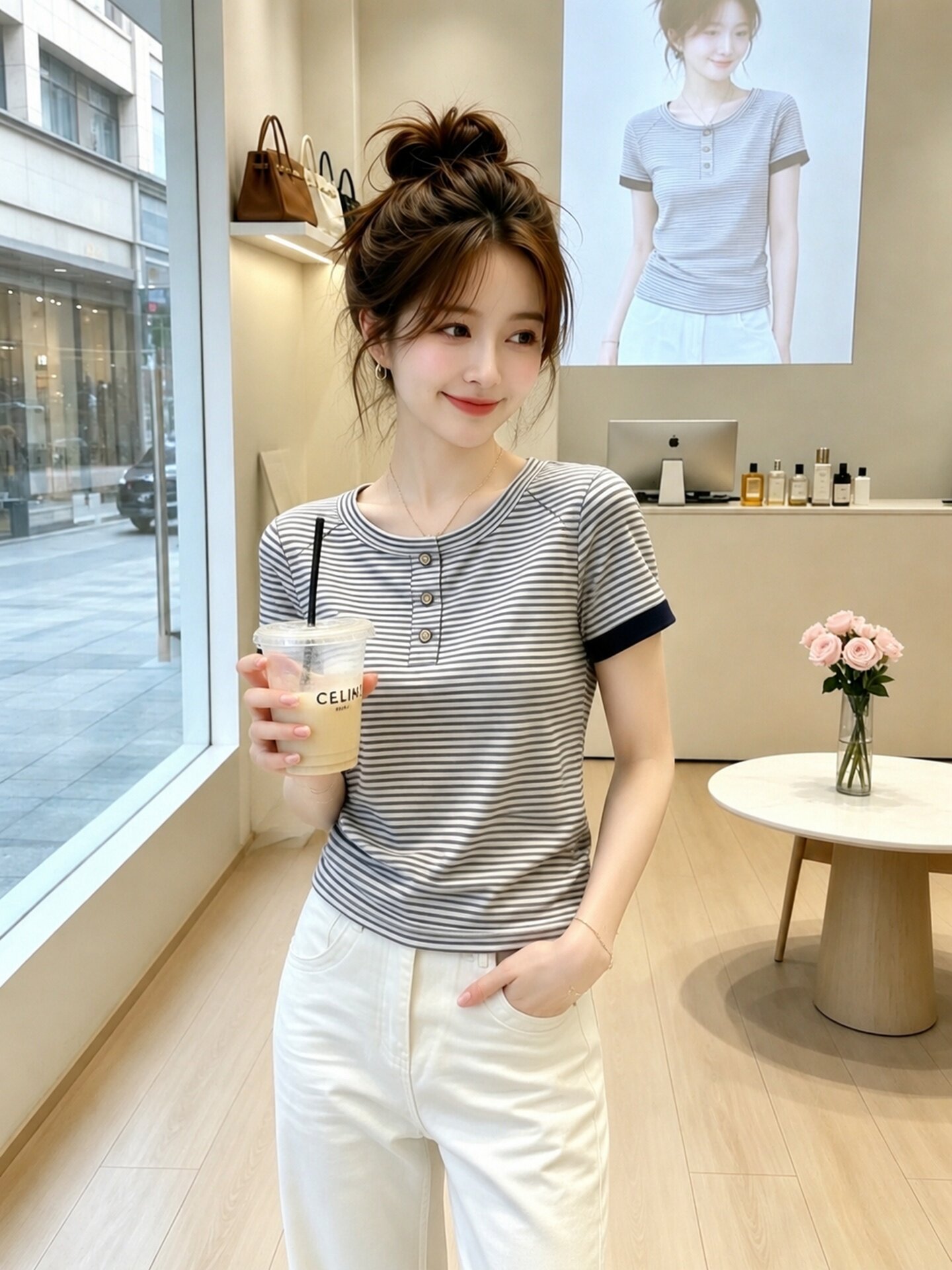 Navy Blue Striped Crew Neck Button Short Sleeve T-Shirt for Women 2026 Summer Korean Style Casual Commute Top - Image 4