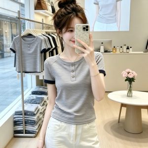 Navy Blue Striped Crew Neck Button Short Sleeve T-Shirt for Women 2026 Summer Korean Style Casual Commute Top