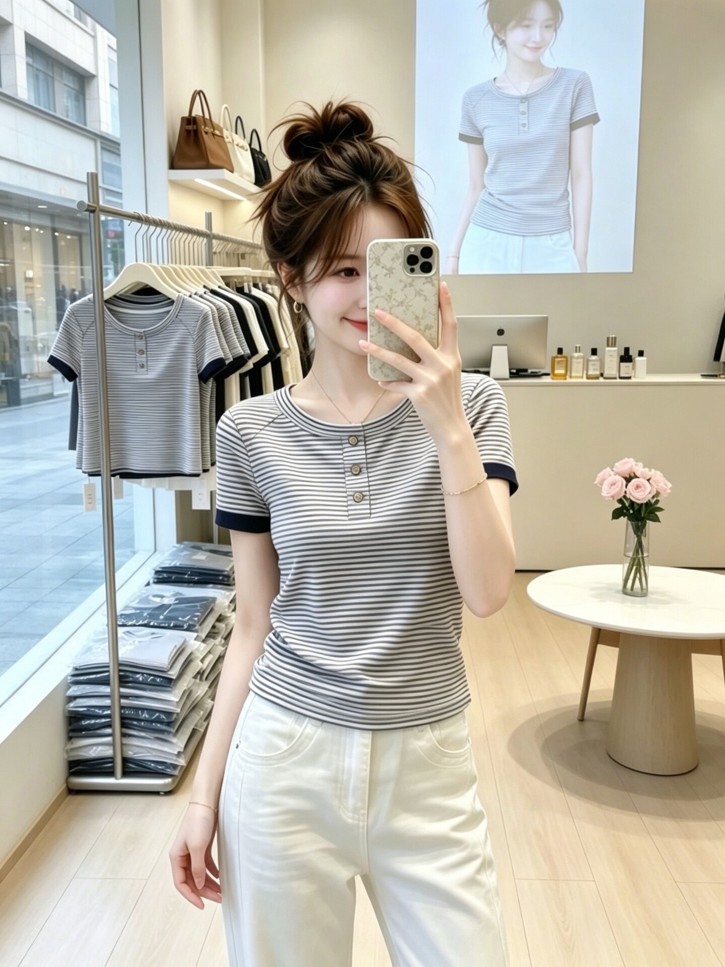 Navy Blue Striped Crew Neck Button Short Sleeve T-Shirt for Women 2026 Summer Korean Style Casual Commute Top