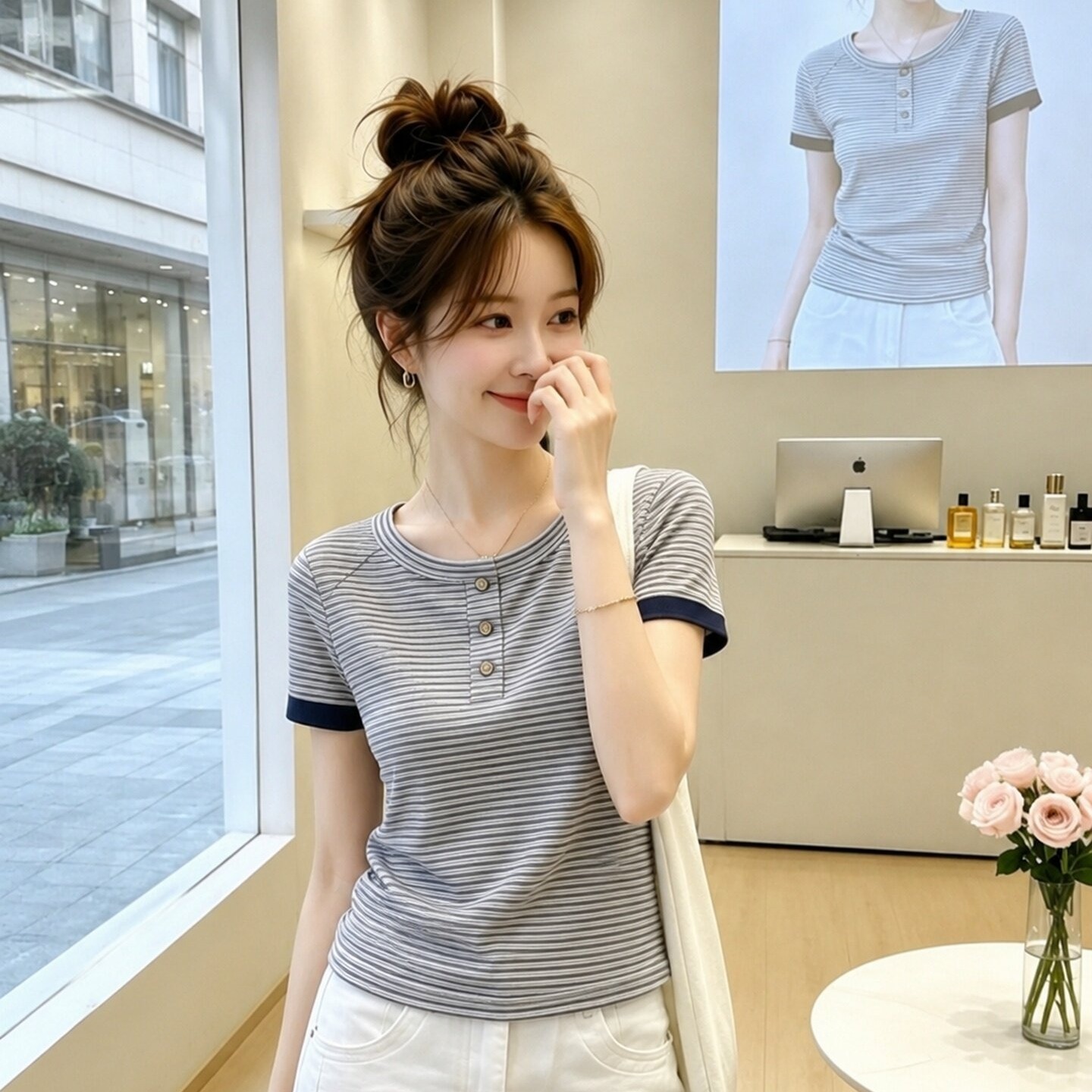 Navy Blue Striped Crew Neck Button Short Sleeve T-Shirt for Women 2026 Summer Korean Style Casual Commute Top - Image 5