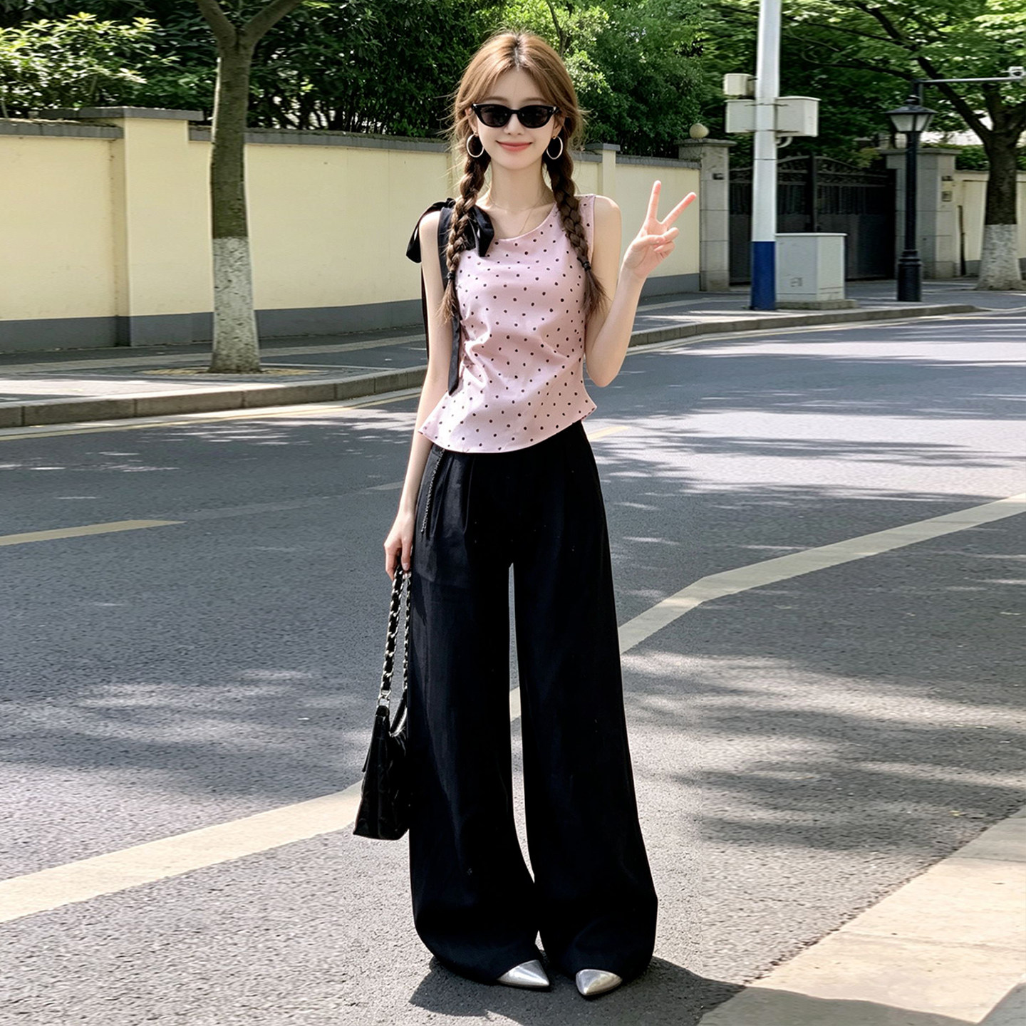 Light Pink Polka Dot Bow One-Shoulder Cami Top for Women 2026 Summer Korean Sweet Style - Image 4