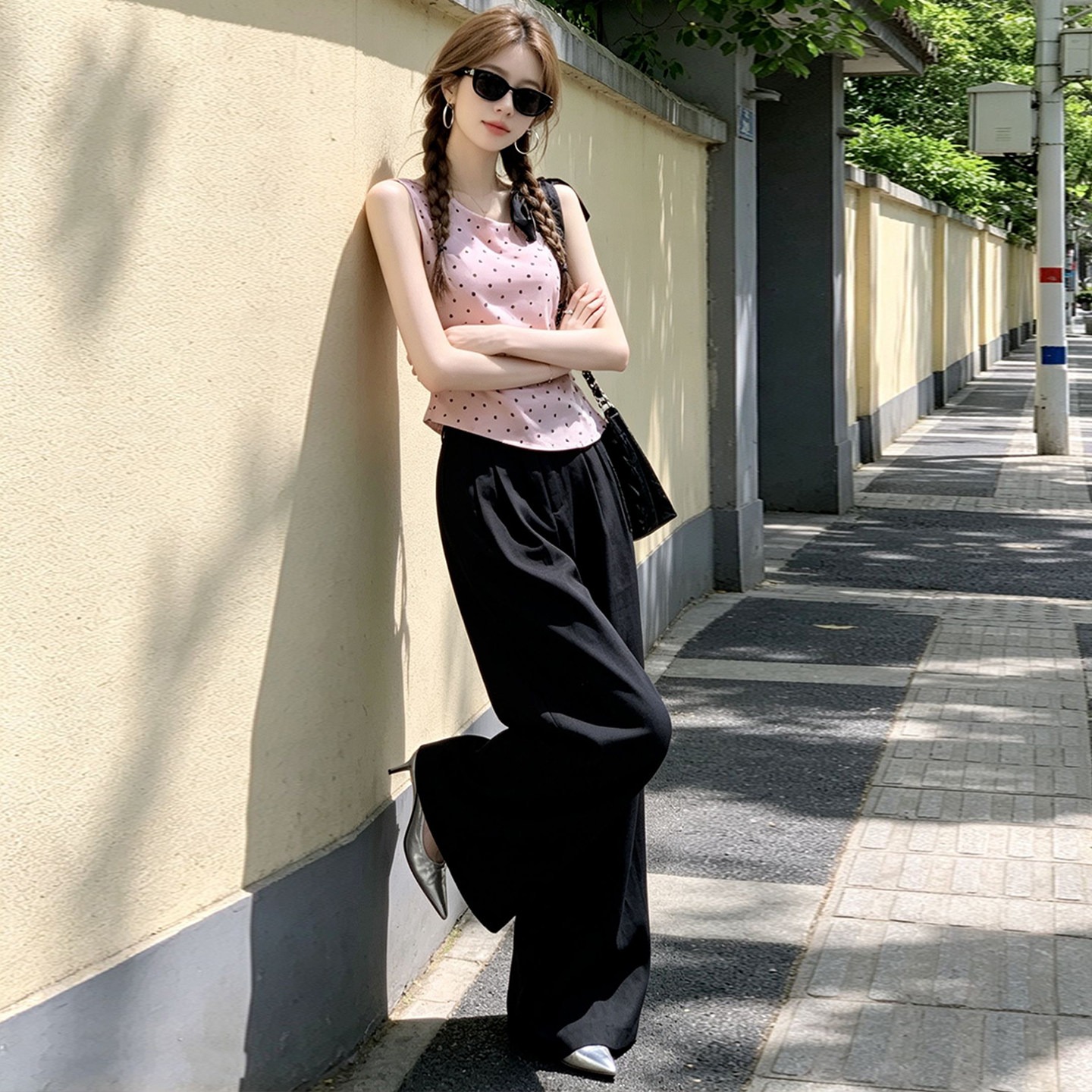 Light Pink Polka Dot Bow One-Shoulder Cami Top for Women 2026 Summer Korean Sweet Style - Image 5