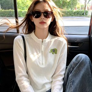 White Elephant Print Long Sleeve T-Shirt for Women 2026 Early Autumn New Chic Top