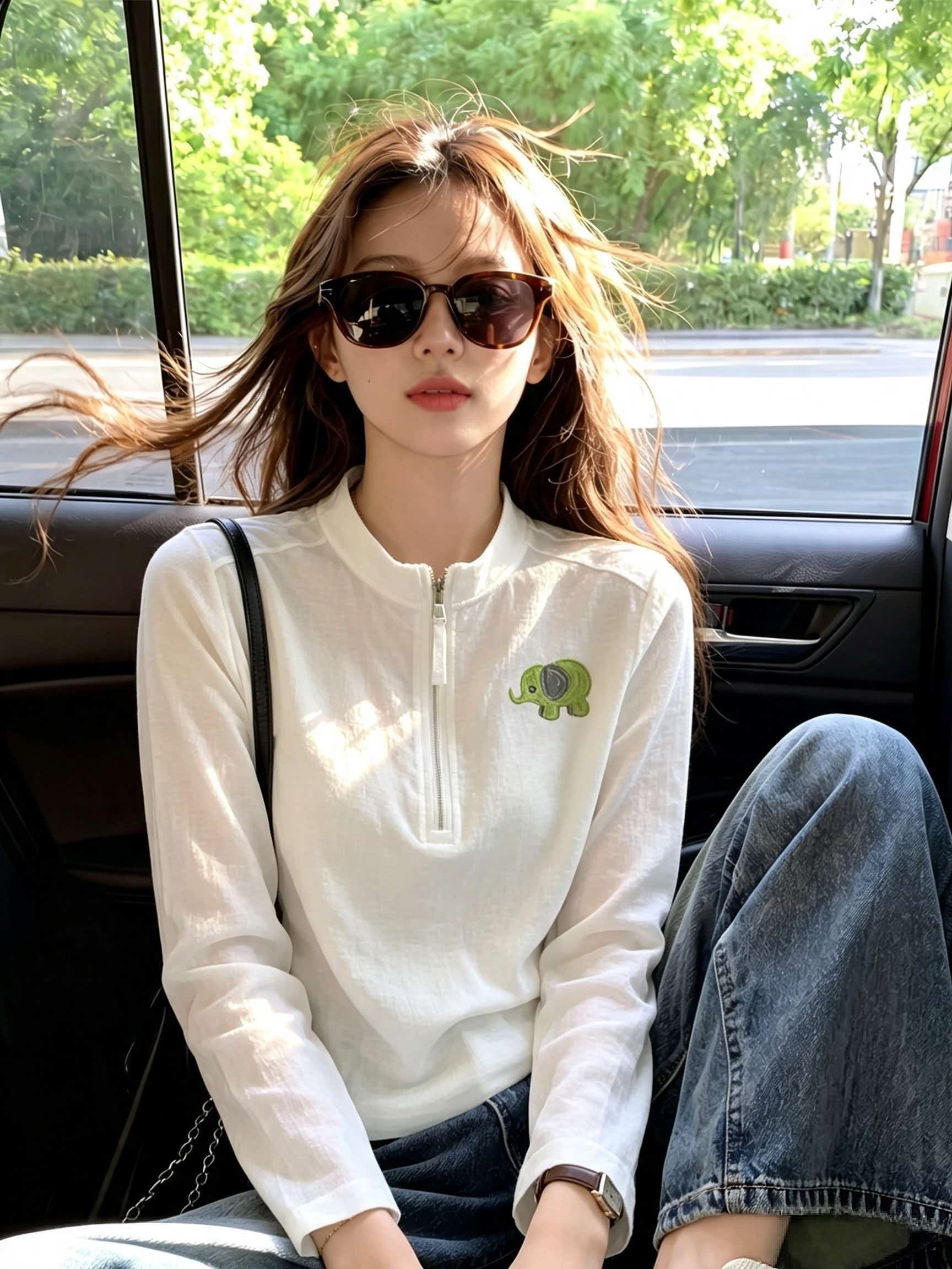 White Elephant Print Long Sleeve T-Shirt for Women 2026 Early Autumn New Chic Top