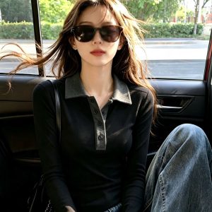 Women's Black and Gray Polo Collar Slim Fit Long Sleeve T-Shirt 2026 Early Autumn