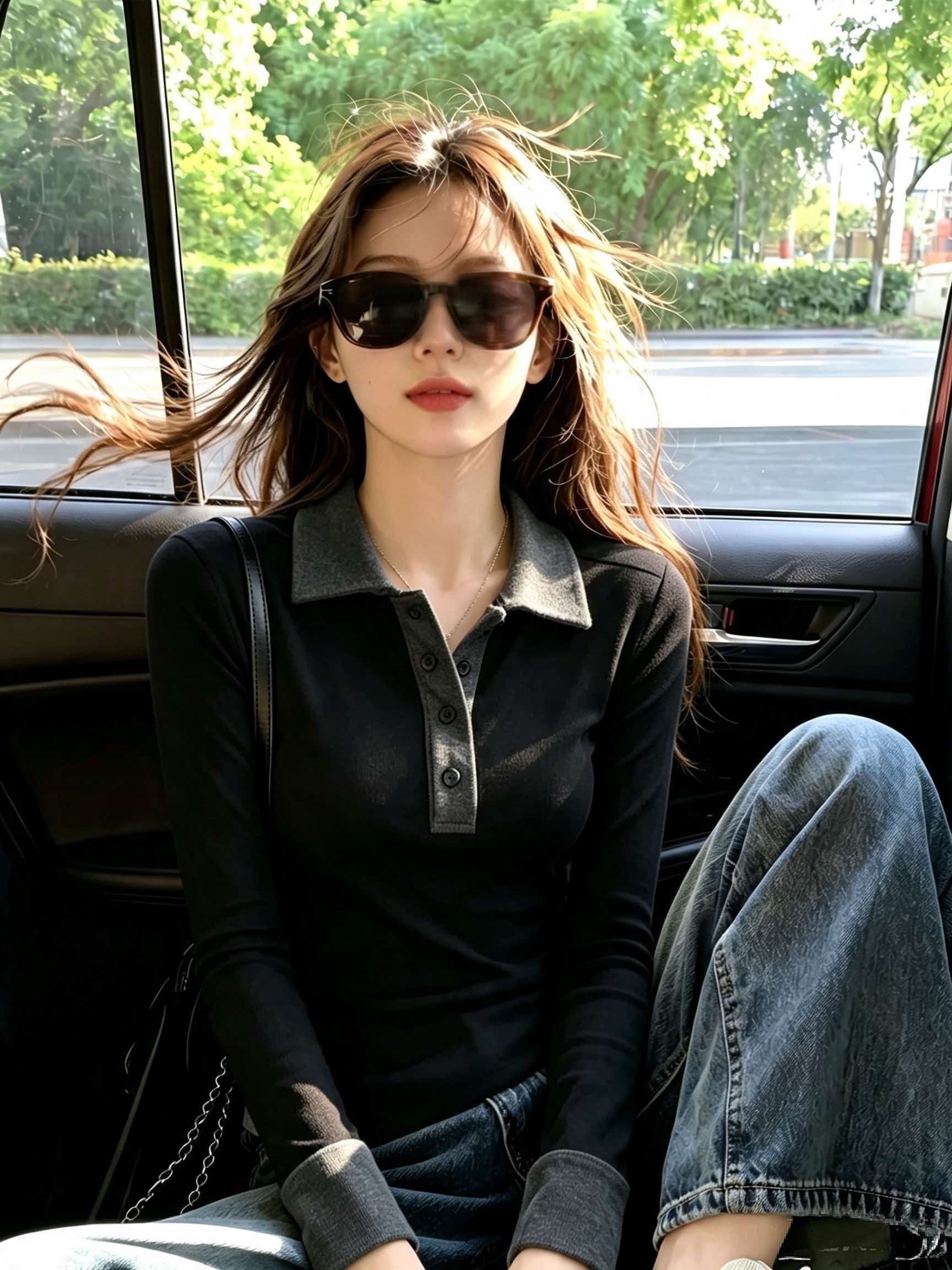 Women's Black and Gray Polo Collar Slim Fit Long Sleeve T-Shirt 2026 Early Autumn