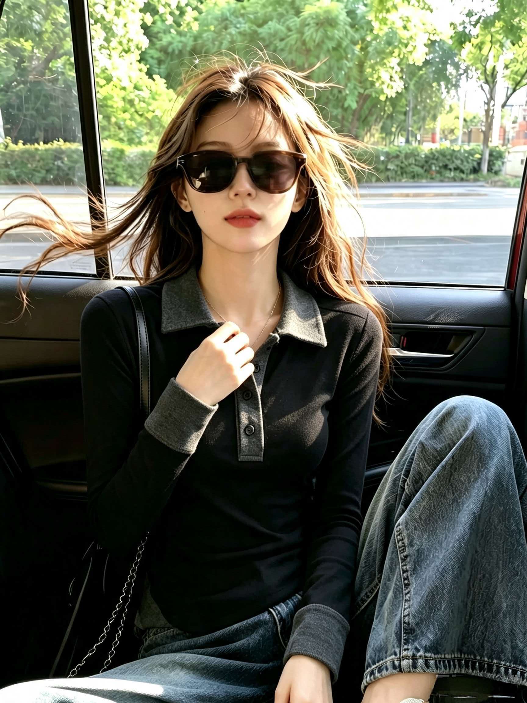 Women's Black and Gray Polo Collar Slim Fit Long Sleeve T-Shirt 2026 Early Autumn - Image 2