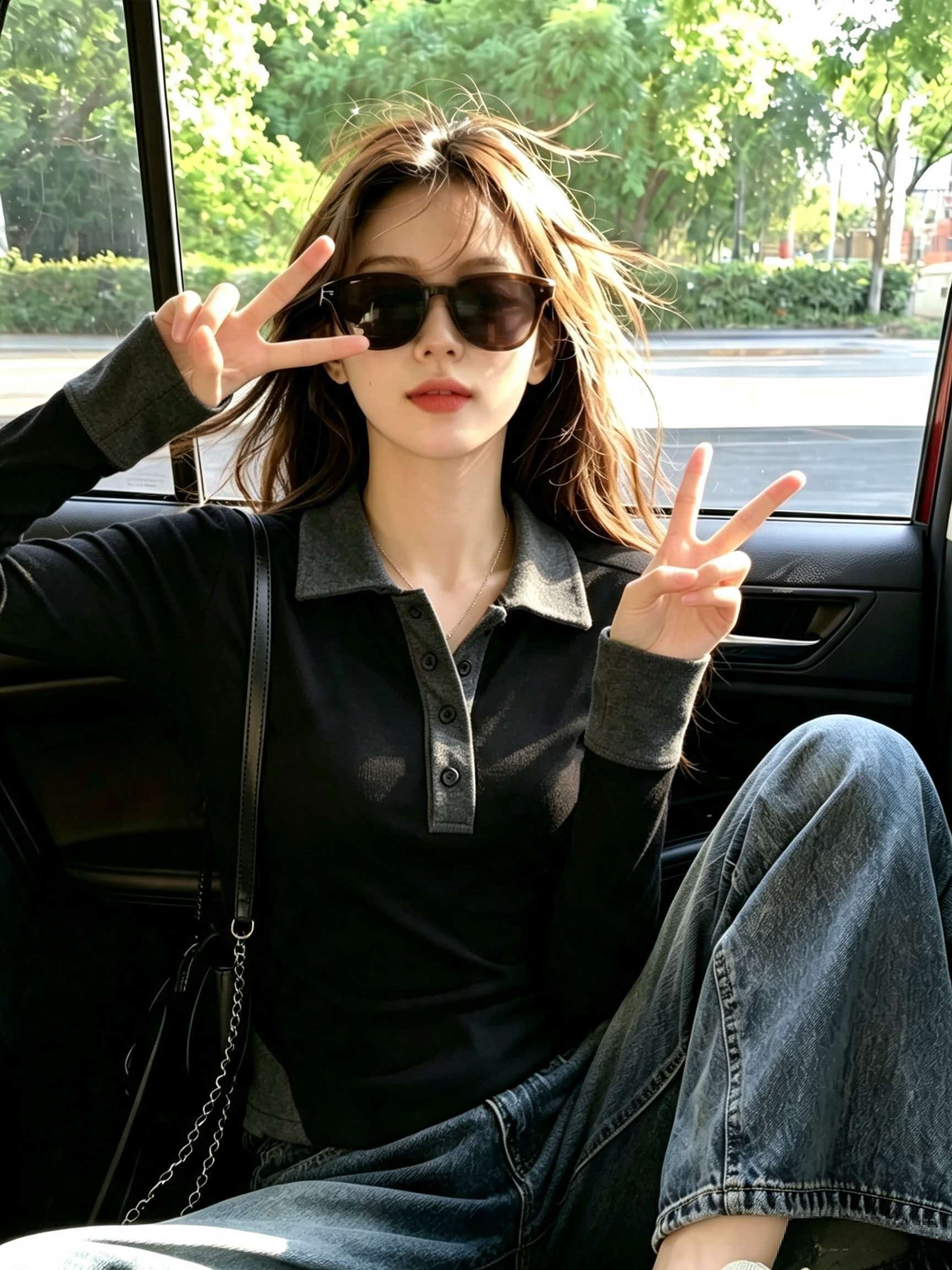 Women's Black and Gray Polo Collar Slim Fit Long Sleeve T-Shirt 2026 Early Autumn - Image 3