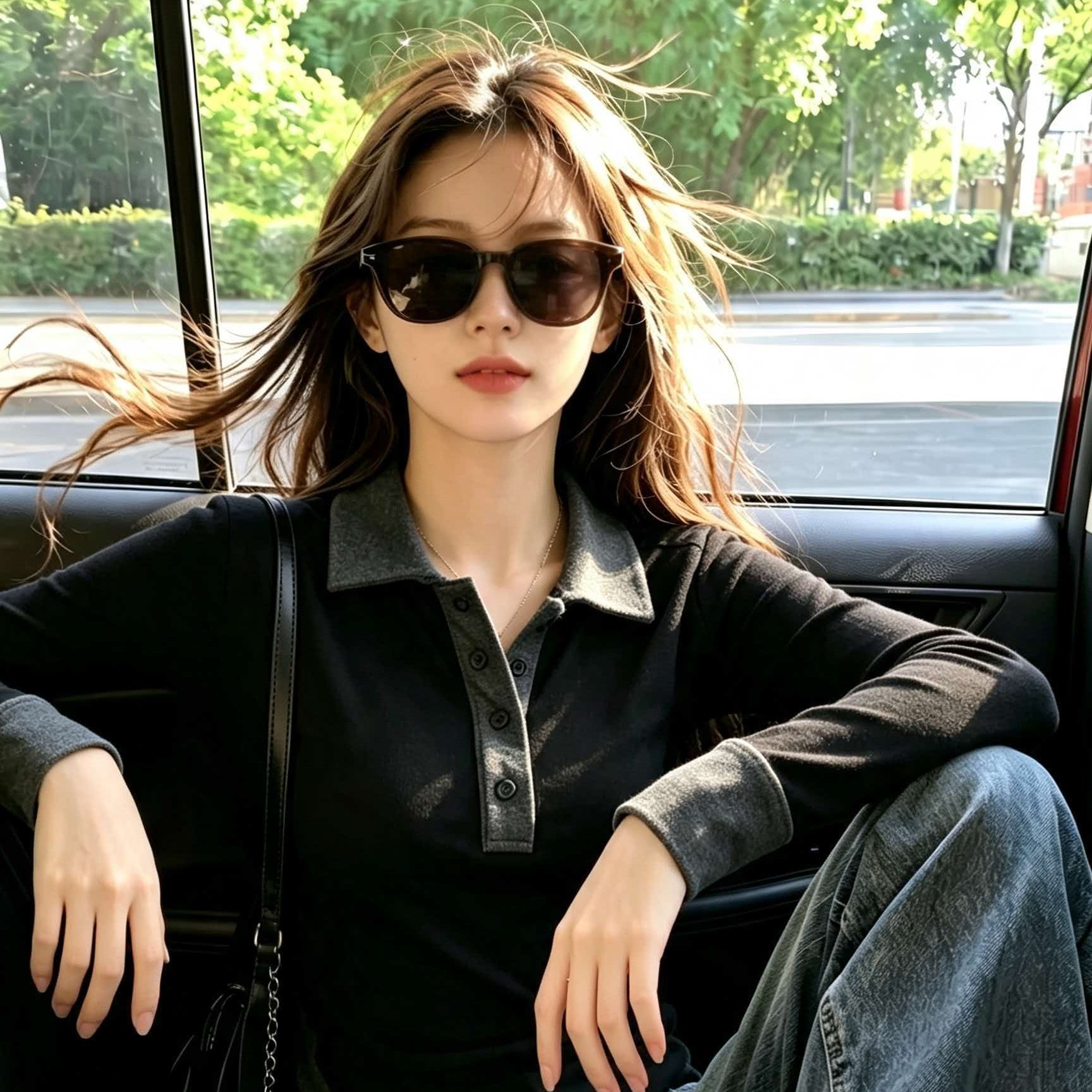 Women's Black and Gray Polo Collar Slim Fit Long Sleeve T-Shirt 2026 Early Autumn - Image 5