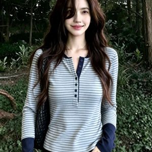 Women's Striped Patchwork Top Casual Loose Slimming Color Block Mori Sweet Cute Style 2026 Autumn