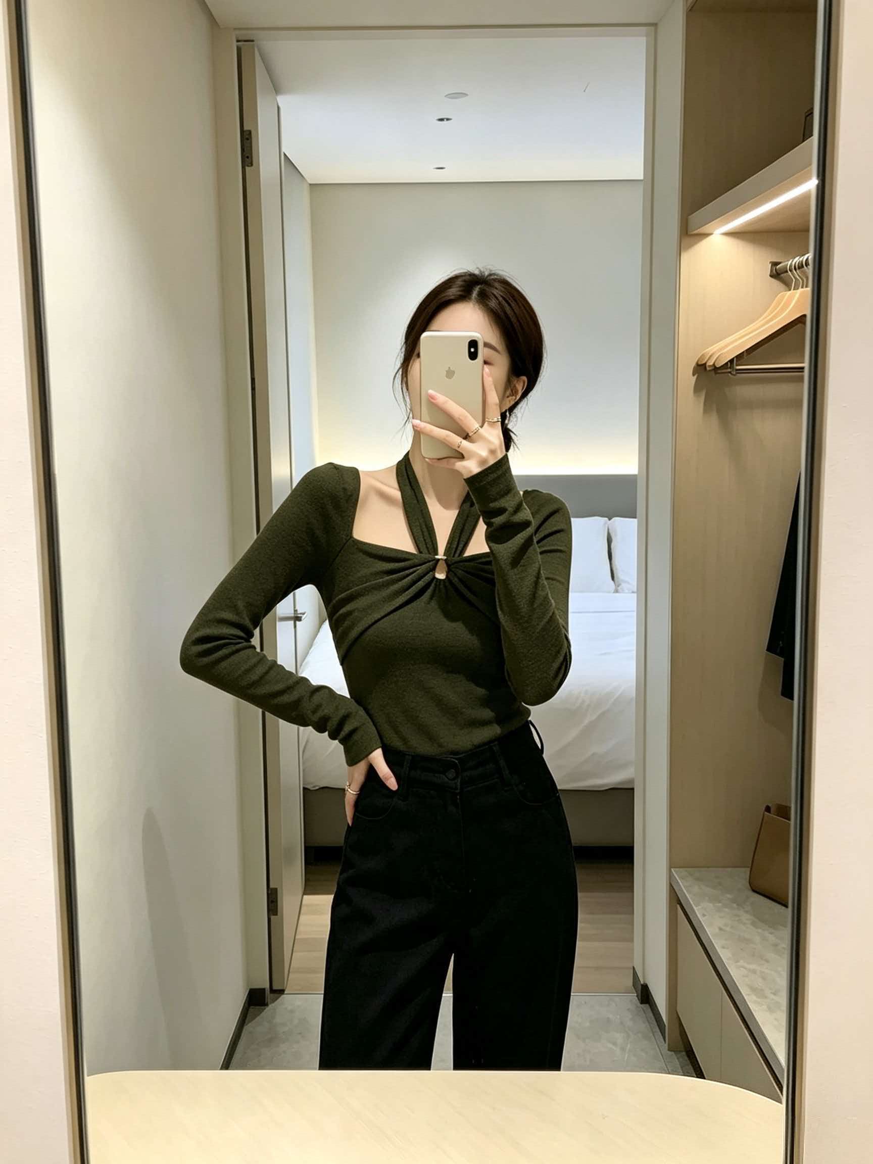 Deconstructed Twist Halter Square Neck Slim Fit Women's T-Shirt - Image 3