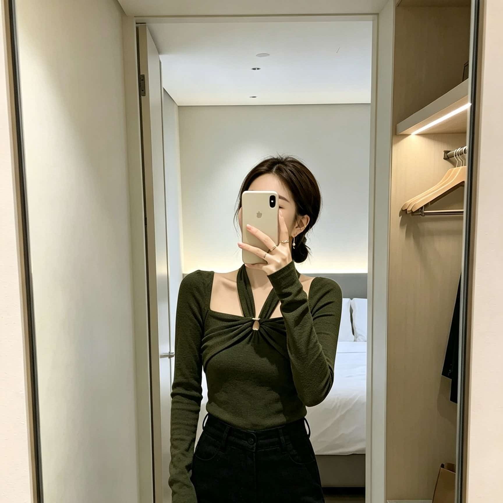 Deconstructed Twist Halter Square Neck Slim Fit Women's T-Shirt - Image 5