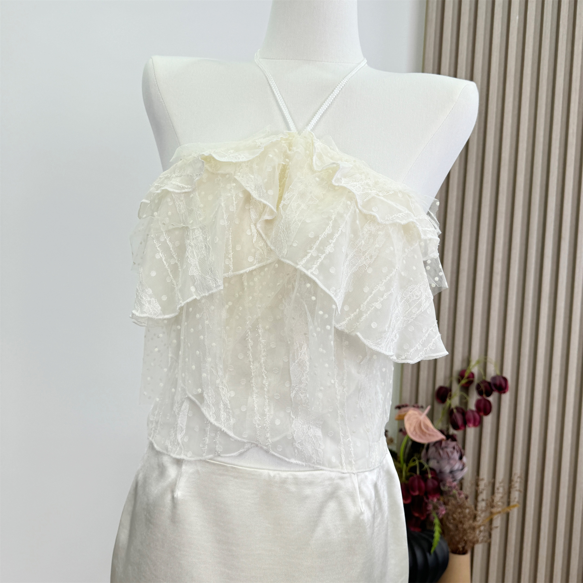 Apricot Polka Dot Halter Mesh Camisole Tank Top - Image 3